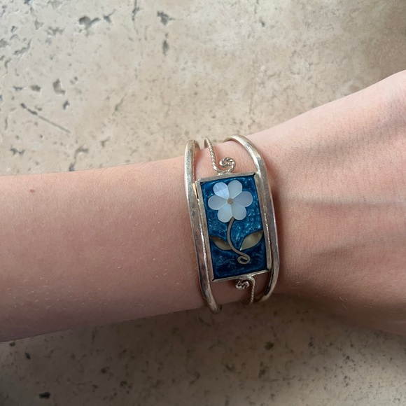 Silver and Blue Floral Bracelet